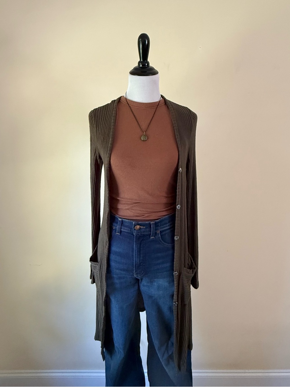 Long Ribbed Open Cardigan - Olive Green
